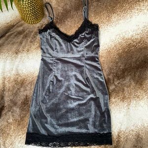 NWT Velvet Mini Dress, Blue-gray w/Black lace trim